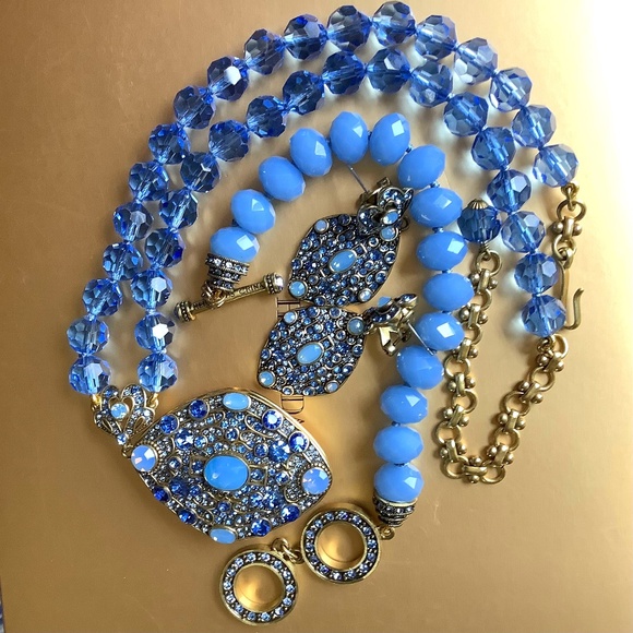 Heidi Daus Set Crystal Blue Locket Necklace Bracelet & Earrings - Picture 1 of 16